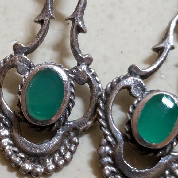 Delicate Ornate Sterling Dangle Earrings with Emerald Colored Inlay - Picture 6 of 10